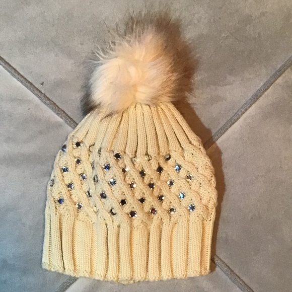 Accessories - SO CUTE TAN BEANIE WITH GEMS AND PUFF